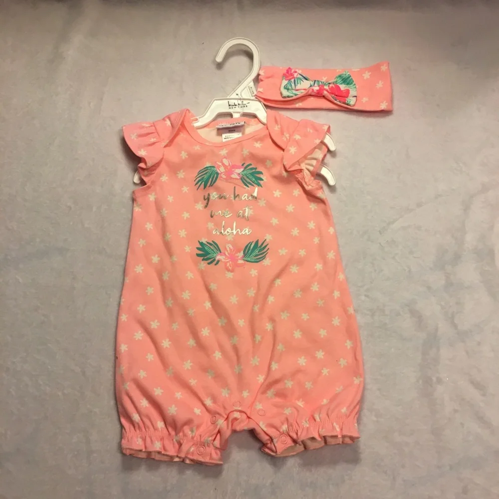 Nicole Miller Romper Set Baby Girl 6-9M Pink Aloha Tropical‎ Good Flutter Sleeve